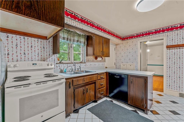 35 Redstone Ln, City Of Washington, PA 15301 - kitchen featuring white electric range oven, dishwasher, wallpapered walls, light countertops, and a peninsula