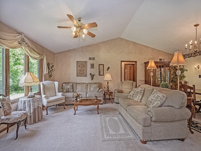 4779 State Route 819, Bell Twp, PA 15613 - living room featuring a ceiling fan, carpet floors, vaulted ceiling, and a chandelier