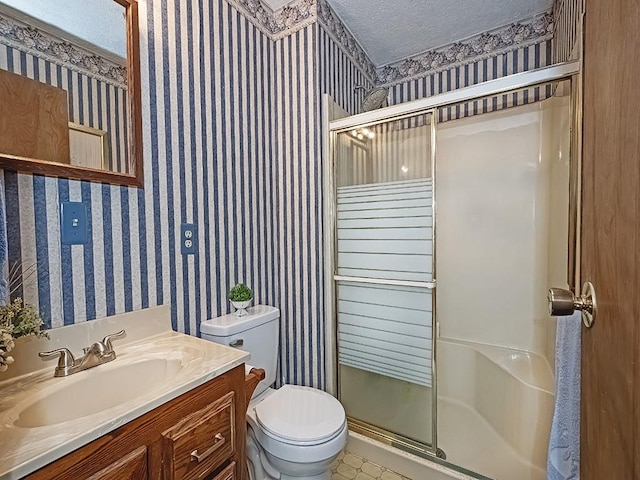 4779 State Route 819, Bell Twp, PA 15613 - full bathroom featuring wallpapered walls, a textured ceiling, a stall shower, vanity, and tile patterned floors