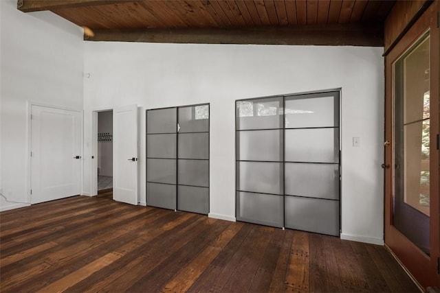 287 Rankin Rd, Belle Vernon, PA 15012 - unfurnished bedroom featuring dark wood-style flooring, a wood ceiling with exposed beams, and high vaulted ceiling