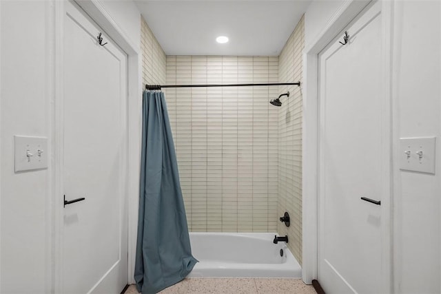 287 Rankin Rd, Belle Vernon, PA 15012 - full bathroom featuring speckle patterned floor, shower / bathtub combination with curtain, and recessed lighting
