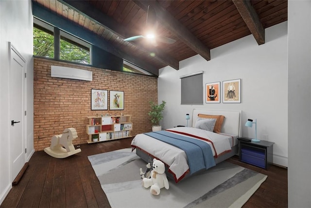 287 Rankin Rd, Belle Vernon, PA 15012 - bedroom featuring hardwood / wood-style floors, wooden ceiling, brick wall, a ceiling fan, and a wall mounted air conditioner