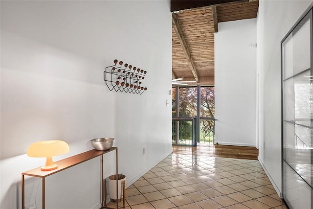287 Rankin Rd, Belle Vernon, PA 15012 - hall with tile patterned floors, a wooden ceiling with exposed beams, and high vaulted ceiling