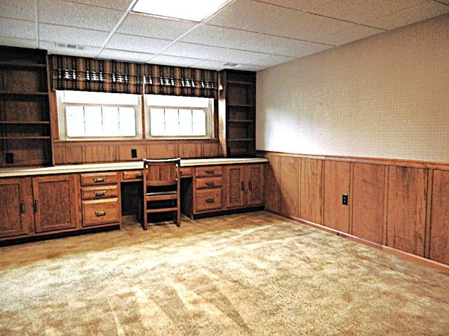 115 Lowery Dr, Middlesex Twp, PA 16059 - unfurnished office with built in study area, wainscoting, light colored carpet, and a paneled ceiling