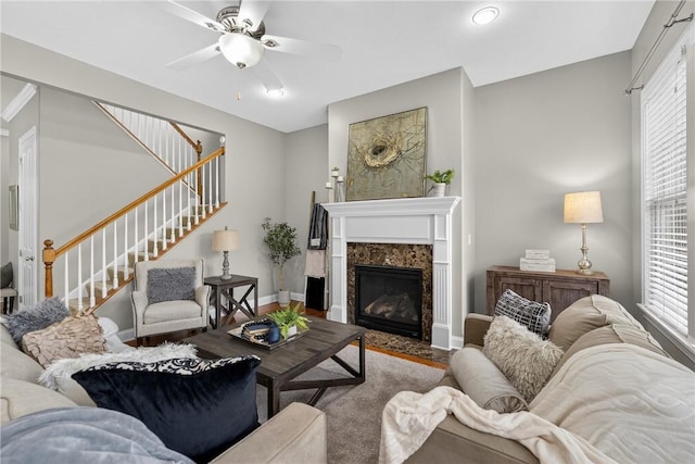 201 Venango Trl, Marshall, PA 16046 - living room featuring stairs, a fireplace, wood finished floors, and ceiling fan