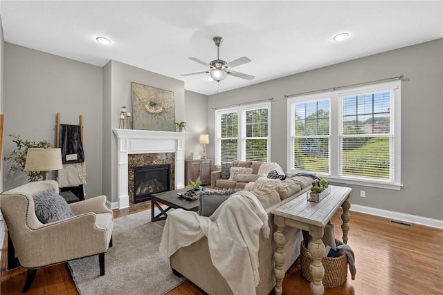 201 Venango Trl, Marshall, PA 16046 - living room with a ceiling fan, wood finished floors, and a high end fireplace