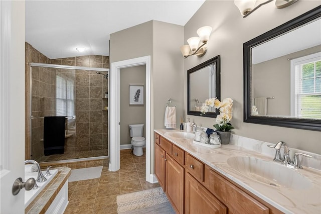 201 Venango Trl, Marshall, PA 16046 - full bath featuring a shower stall, double vanity, tiled tub, and tile patterned flooring
