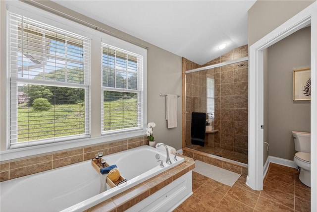201 Venango Trl, Marshall, PA 16046 - bathroom featuring a garden tub, a shower stall, lofted ceiling, and tile patterned floors