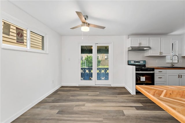 103 Church Ave, Mount Oliver, PA 15210 - kitchen with black gas stove, under cabinet range hood, a ceiling fan, dark wood-style floors, and wood counters