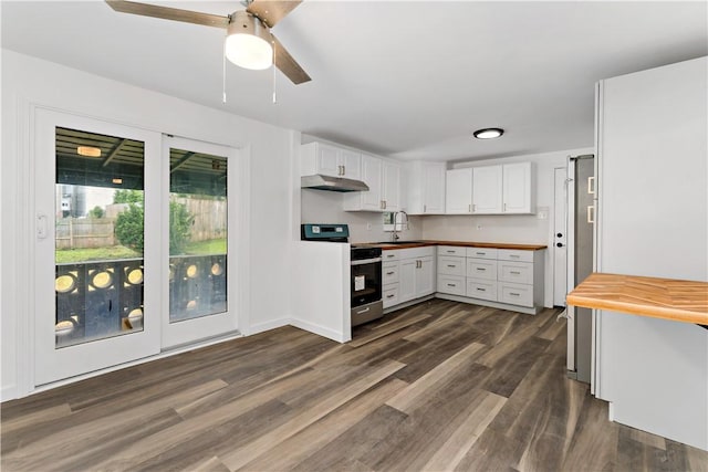 103 Church Ave, Mount Oliver, PA 15210 - kitchen featuring range with electric stovetop, wood counters, under cabinet range hood, and dark wood finished floors