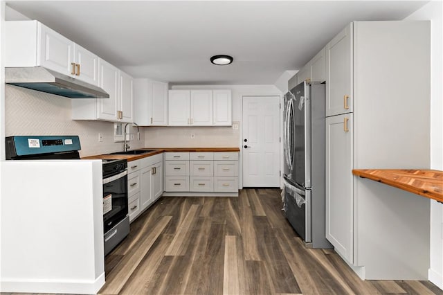 103 Church Ave, Mount Oliver, PA 15210 - kitchen with under cabinet range hood, freestanding refrigerator, electric stove, wood counters, and dark wood finished floors