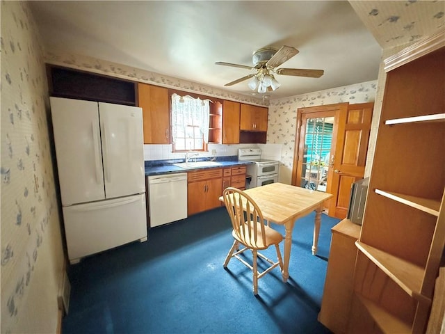 514 E Hazelcroft Ave, New Castle/2Nd, PA 16105 - kitchen with white appliances, wallpapered walls, brown cabinets, open shelves, and a ceiling fan