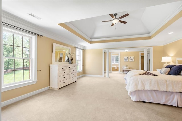 8010 Sherwood Dr, Collier Twp, PA 15142 - bedroom featuring a tray ceiling, crown molding, multiple windows, and light colored carpet