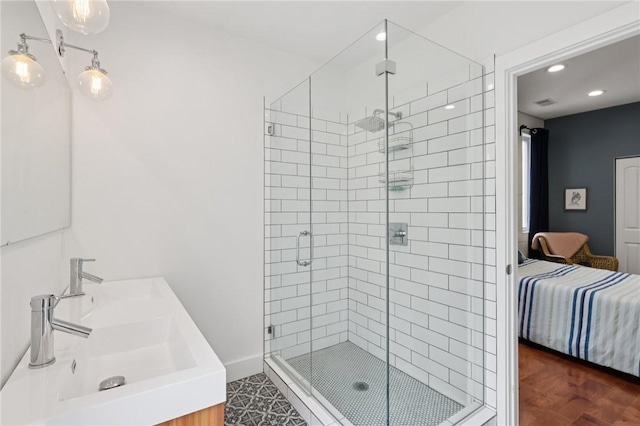 3130 Dobson St, Polish Hill, PA 15219 - ensuite bathroom with a stall shower, recessed lighting, and double vanity