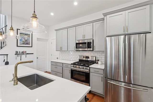 3130 Dobson St, Polish Hill, PA 15219 - kitchen with stainless steel appliances, gray cabinets, light countertops, recessed lighting, and decorative backsplash