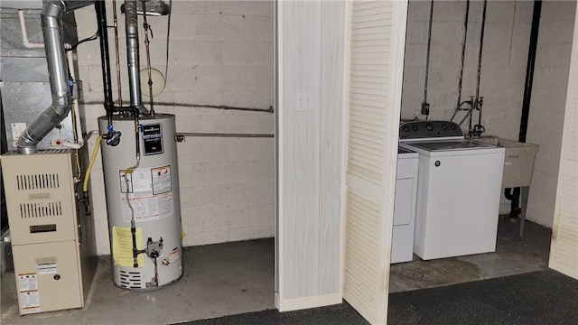 402 Forest Ridge Dr, Forest Hills Boro, PA 15221 - basement with water heater, concrete block wall, heating unit, and independent washer and dryer