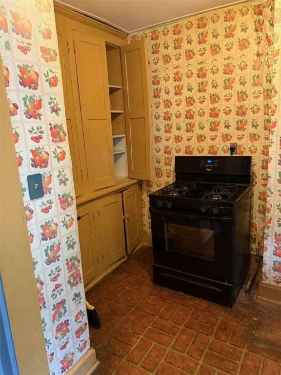 25-27 Joel St, Ingram, PA 15205 - kitchen with gas stove, brick patterned floors, and open shelves