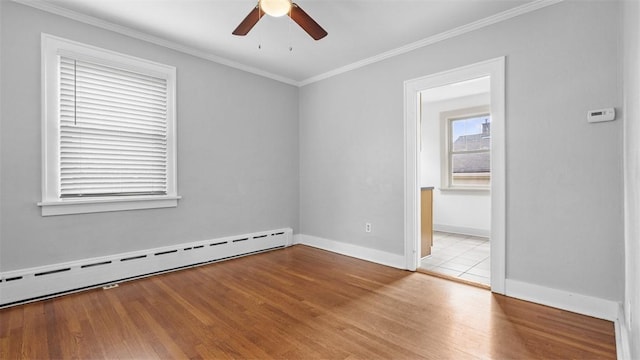 148 Stanton Ct E, Stanton Heights, PA 15201 - unfurnished room with a baseboard radiator, ceiling fan, wood finished floors, and ornamental molding