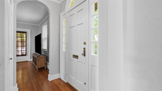 148 Stanton Ct E, Stanton Heights, PA 15201 - foyer entrance with ornamental molding, arched walkways, and dark wood-style floors