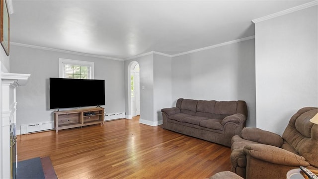 148 Stanton Ct E, Stanton Heights, PA 15201 - living room with a baseboard heating unit, wood finished floors, ornamental molding, and arched walkways