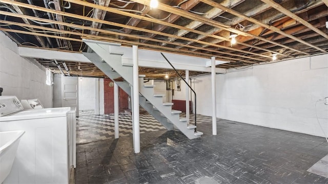 148 Stanton Ct E, Stanton Heights, PA 15201 - unfinished basement with washing machine and dryer, stairway, and tile patterned floors