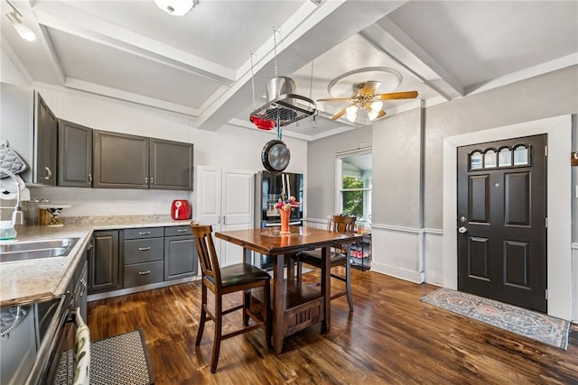 528 Spring St, Latrobe, PA 15650 - dining area with a ceiling fan, dark wood-style floors, beam ceiling, and coffered ceiling