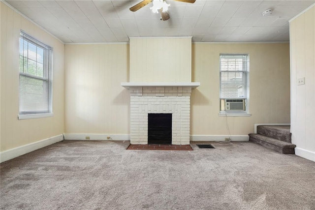 349 Avenue E Ave E, Forest Hills Boro, PA 15221 - unfurnished living room with ornamental molding, carpet flooring, cooling unit, a ceiling fan, and a brick fireplace