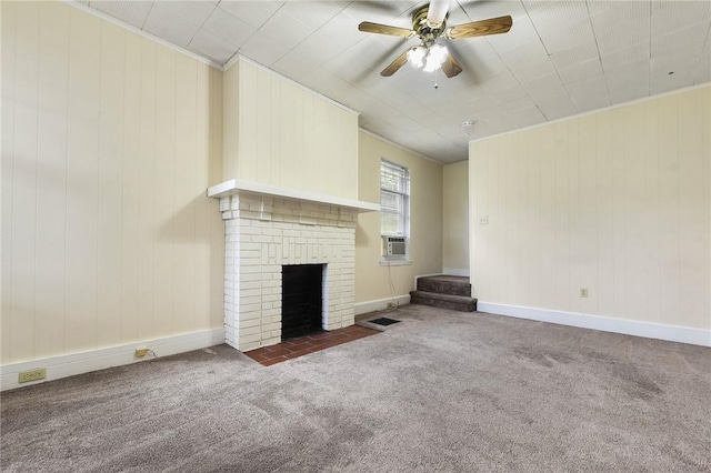 349 Avenue E Ave E, Forest Hills Boro, PA 15221 - unfurnished living room with carpet flooring, ceiling fan, a fireplace, wooden walls, and cooling unit