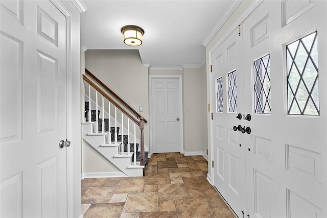 2616 Cedarvue Dr, Upper St Clair, PA 15241 - foyer entrance featuring stone finish floors, stairway, and ornamental molding