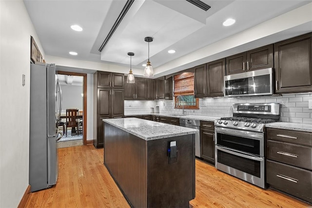 2616 Cedarvue Dr, Upper St Clair, PA 15241 - kitchen featuring stainless steel appliances, dark brown cabinets, a center island, decorative backsplash, and recessed lighting