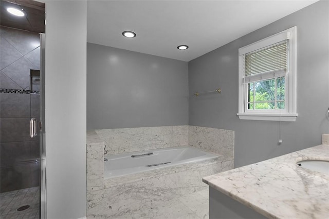 2616 Cedarvue Dr, Upper St Clair, PA 15241 - bathroom with vanity, a garden tub, a stall shower, and recessed lighting