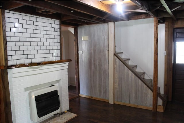 400 E Butler St, Mercer Boro Mer, PA 16137 - below grade area featuring heating unit, dark wood finished floors, a fireplace, and stairway