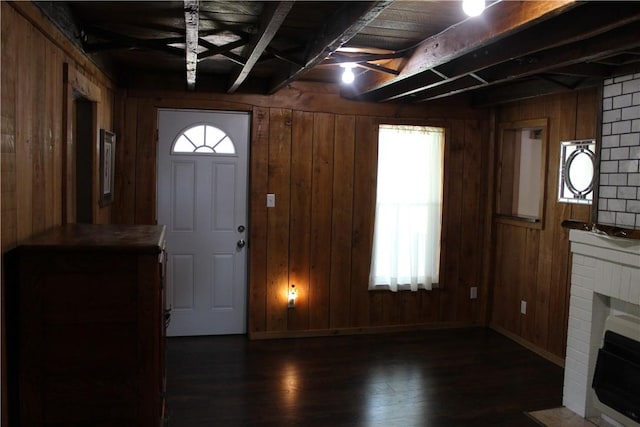400 E Butler St, Mercer Boro Mer, PA 16137 - entrance foyer featuring wood walls, dark wood-style floors, and a brick fireplace