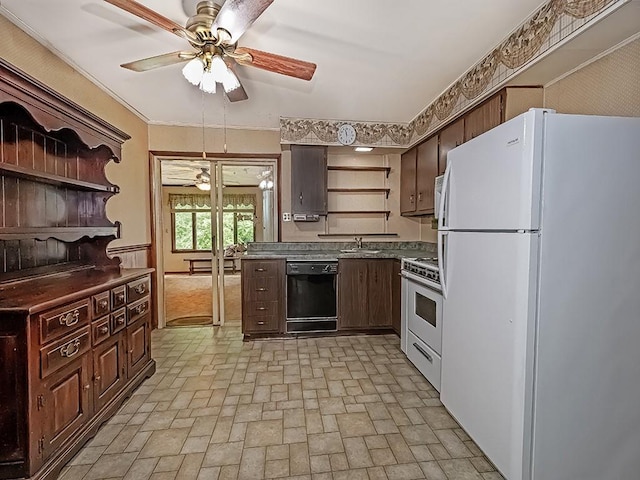 2665 Warrendale Bayne Rd, Marshall, PA 15005 - kitchen featuring white appliances, open shelves, ceiling fan, brick patterned floors, and dark brown cabinets