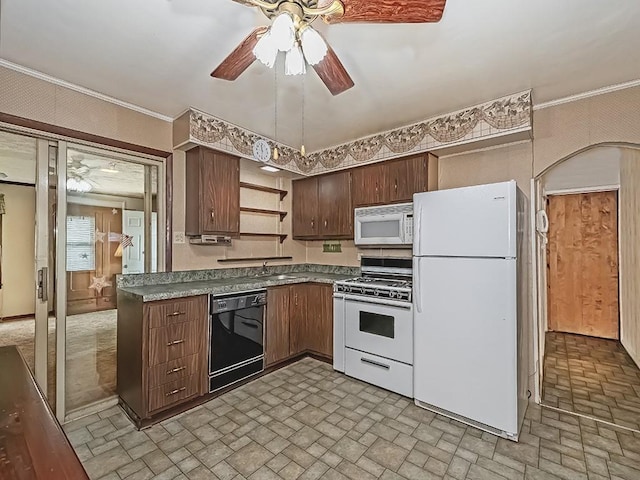 2665 Warrendale Bayne Rd, Marshall, PA 15005 - kitchen with white appliances, ceiling fan, open shelves, brick patterned floors, and crown molding