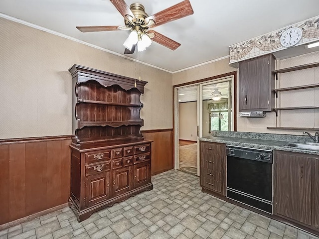 2665 Warrendale Bayne Rd, Marshall, PA 15005 - kitchen featuring black dishwasher, ceiling fan, a wainscoted wall, open shelves, and dark brown cabinetry
