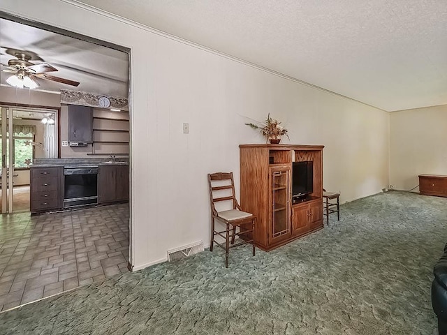 2665 Warrendale Bayne Rd, Marshall, PA 15005 - living area with a ceiling fan, a textured ceiling, and carpet flooring