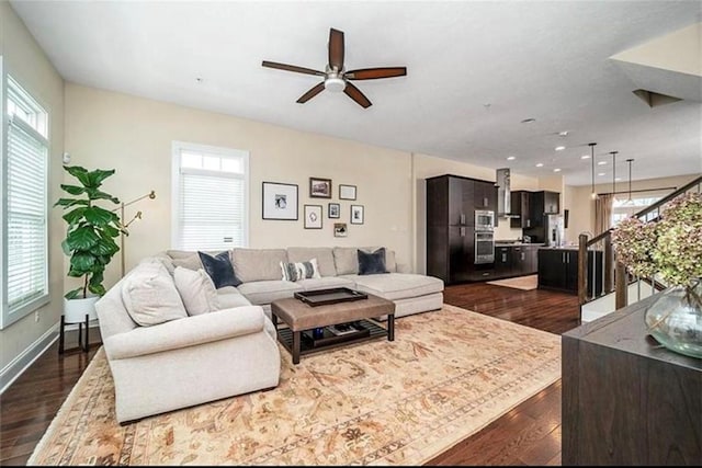 323 Osona Ln, Marshall, PA 16046 - living area with ceiling fan, dark wood-style flooring, stairs, and recessed lighting