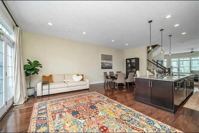323 Osona Ln, Marshall, PA 16046 - living area with stairs, plenty of natural light, dark wood-type flooring, and recessed lighting