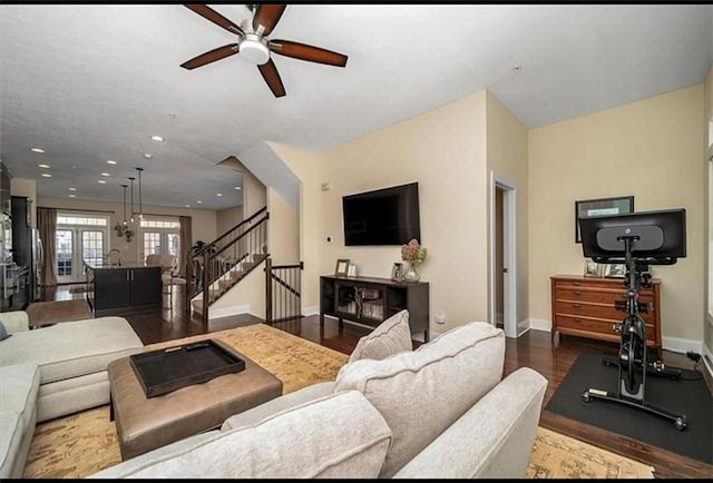 323 Osona Ln, Marshall, PA 16046 - living room featuring wood finished floors, ceiling fan, stairway, and recessed lighting