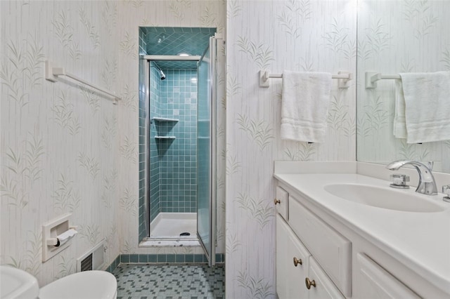 103 Drood Ln, Ross Twp, PA 15237 - full bath with a stall shower, vanity, wallpapered walls, and tile patterned floors