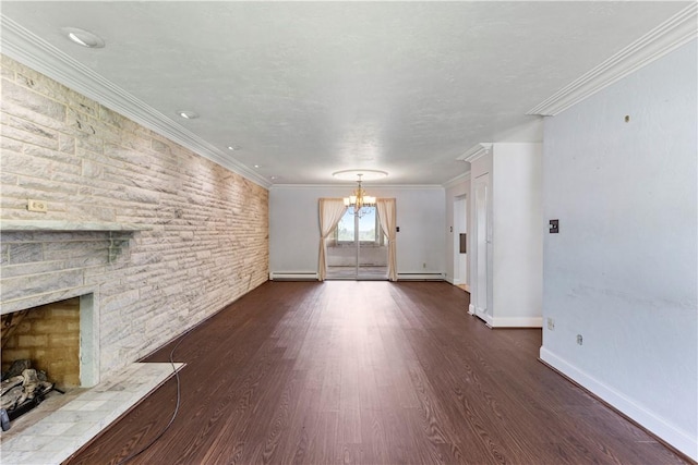 130 Clare Dr, South Strabane, PA 15301 - unfurnished living room featuring a chandelier, dark wood finished floors, a fireplace, crown molding, and baseboard heating