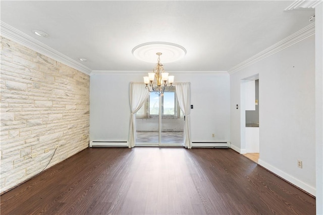 130 Clare Dr, South Strabane, PA 15301 - empty room with baseboard heating, a chandelier, ornamental molding, and wood finished floors
