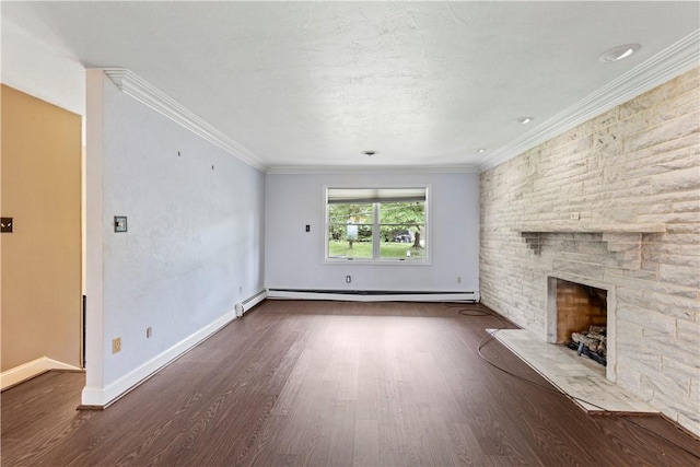 130 Clare Dr, South Strabane, PA 15301 - unfurnished living room with wood finished floors, a stone fireplace, ornamental molding, and baseboard heating