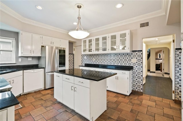 5401 Guarino Rd, Squirrel Hill, PA 15217 - kitchen featuring white dishwasher, smart refrigerator, dark countertops, a center island, and crown molding