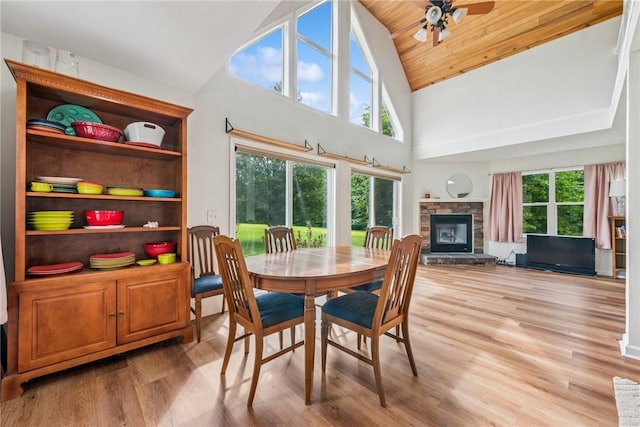 135 Preacher Rd, East Huntingdon, PA 15639 - dining room with high vaulted ceiling, light wood-type flooring, a fireplace, and a ceiling fan