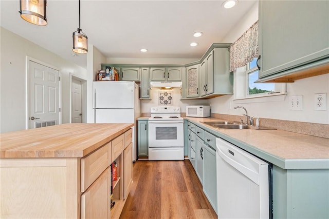 135 Preacher Rd, East Huntingdon, PA 15639 - kitchen featuring white appliances, under cabinet range hood, wood counters, wood finished floors, and recessed lighting