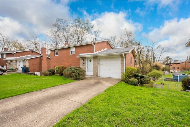 540 Lucia Dr, Wilkins Twp, PA 15221 - split level home featuring brick siding, a garage, concrete driveway, a front yard, and a chimney