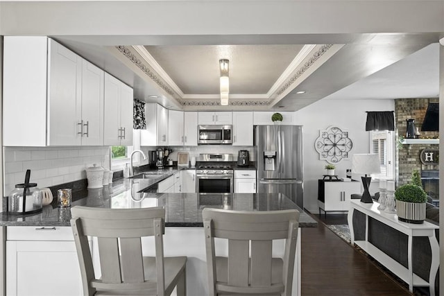 1008 Aspen Dr, Findlay Twp, PA 15126 - kitchen featuring appliances with stainless steel finishes, a raised ceiling, a peninsula, white cabinetry, and decorative backsplash