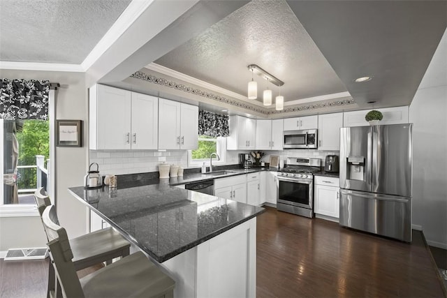 1008 Aspen Dr, Findlay Twp, PA 15126 - kitchen with appliances with stainless steel finishes, a textured ceiling, a raised ceiling, crown molding, and a peninsula